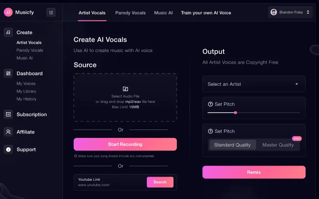 Musicfy grants you access to over 1,000 celeb voices