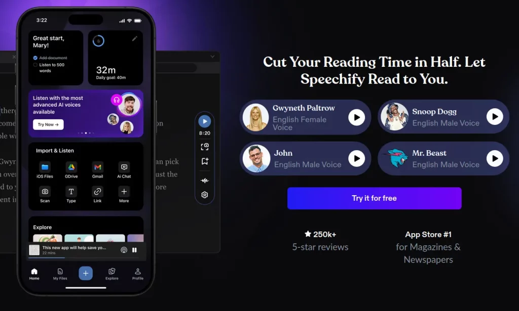Speechify comes with a free plan for new users