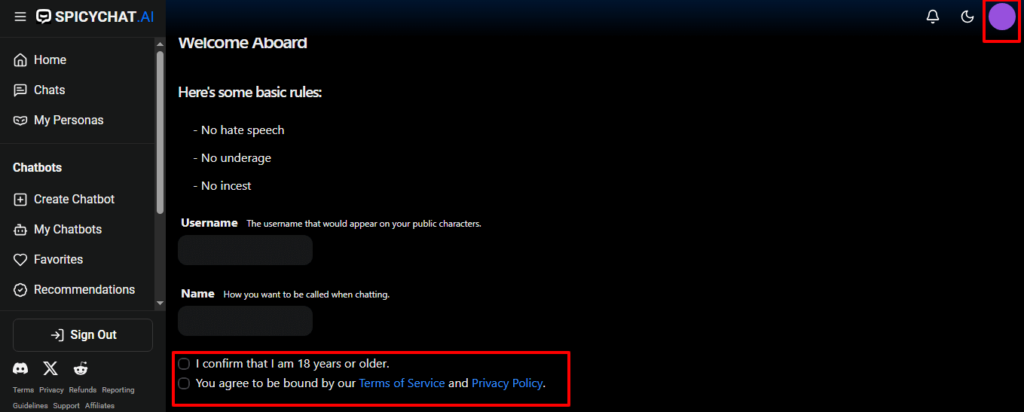 Spicychat profile setting to access NSFW content
