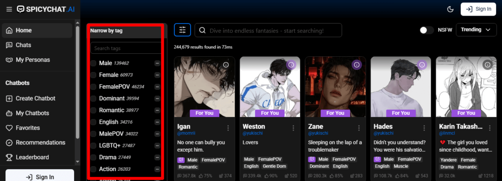 spicychat category selection