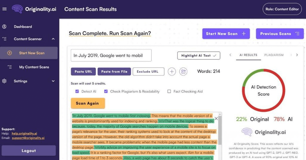 Originality AI Detector Tool for free with limited 3 scans per day