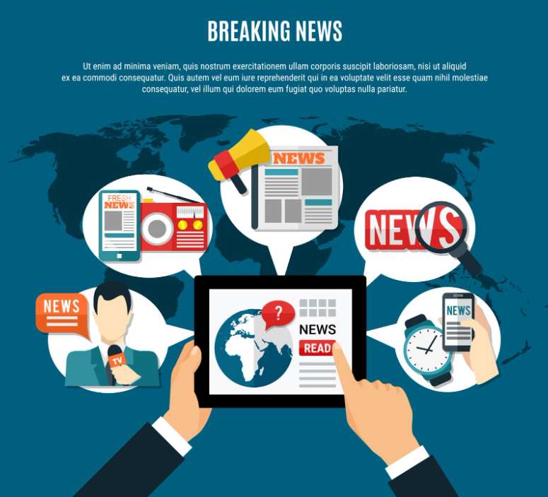breaking news across various formats tablet, tv anchor, newspaper, and radio representing traditional vs. digital media
