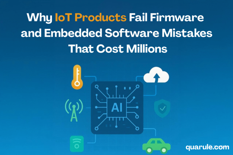 showing IoT and AI chip icons with connected devices, illustrating why IoT products fail due to firmware and embedded software mistakes.