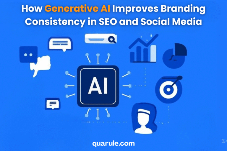 Illustration showing how generative AI improves branding consistency across SEO content and social media platforms