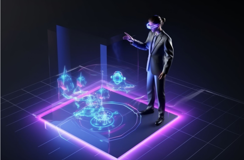 Abstract visualization of AR and VR technology network connections, illustrating spatial computing market growth and innovation