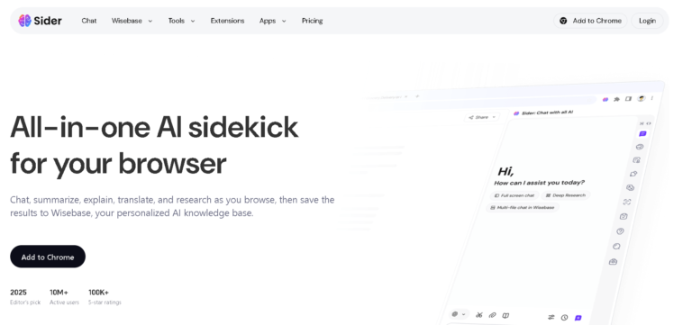 Sider AI tool interface for writing, summarizing