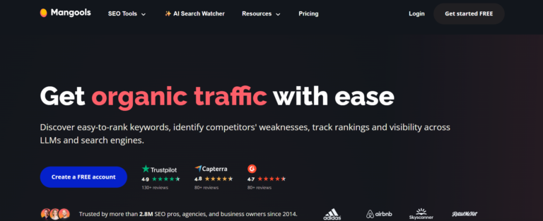 Mangools SEO showing keyword research, SERP tracking, and backlink analysis tools in a clean interface.
